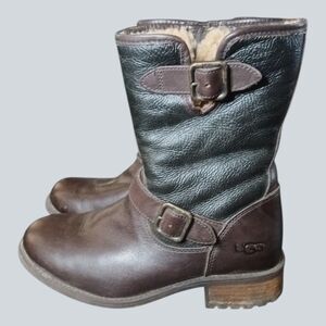 Ugg Australia Chaney Biker Boots Brown Black 2-Tone Sherpa Lined Size 7